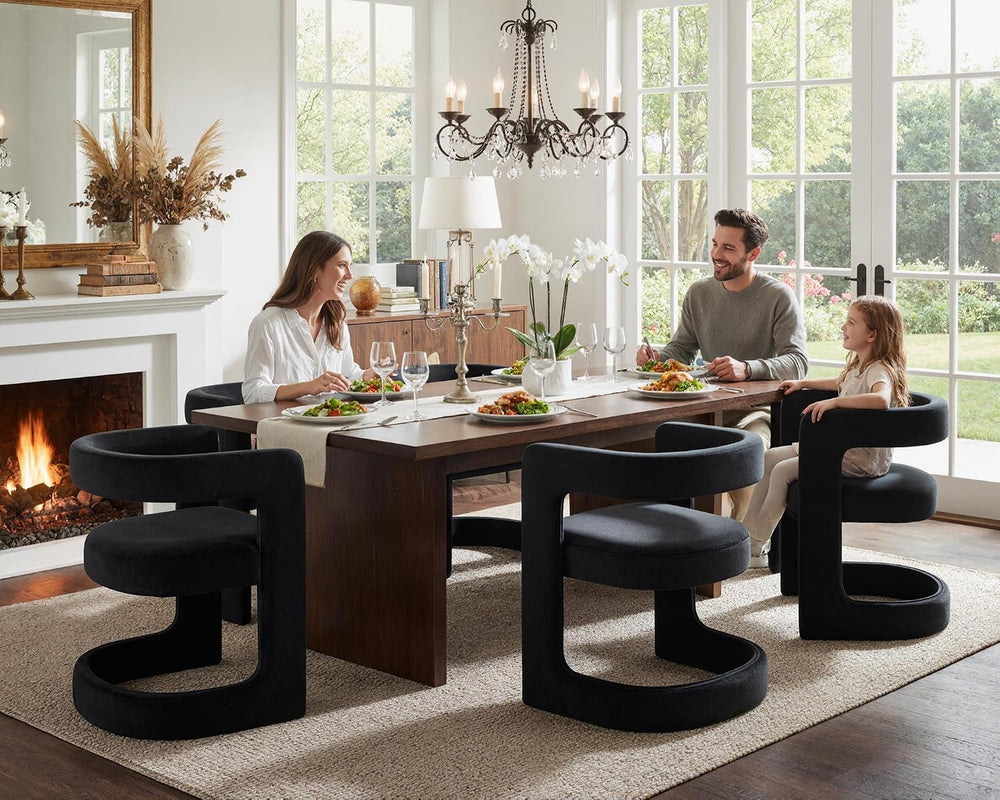 HNY Modern Black Velvet Barrel Dining Chairs Set of 6