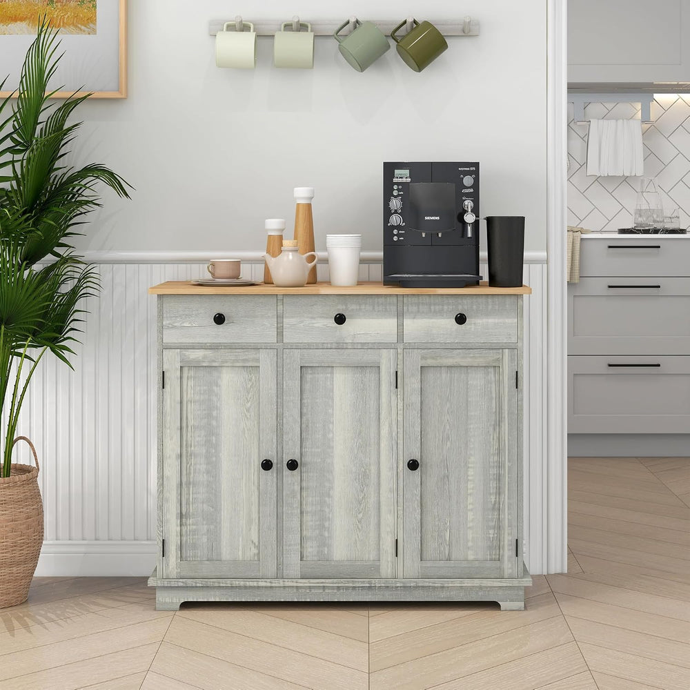 HOMCOM Sideboard Buffet Cabinet Solid Wood Countertop Distressed Light Gray