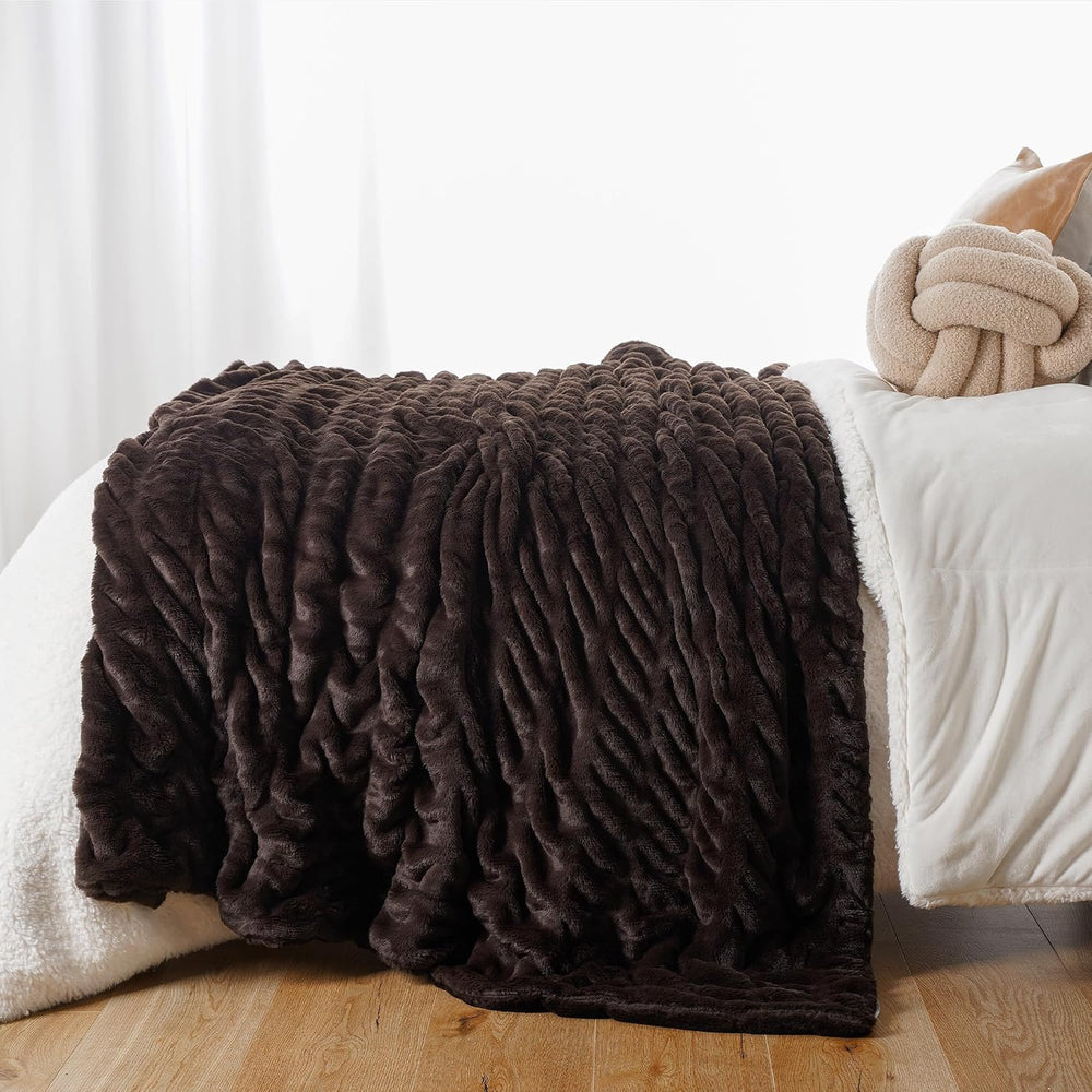Battilo Dark Brown Faux Fur Throw Blanket for Couch, 50"x60", Doubl...