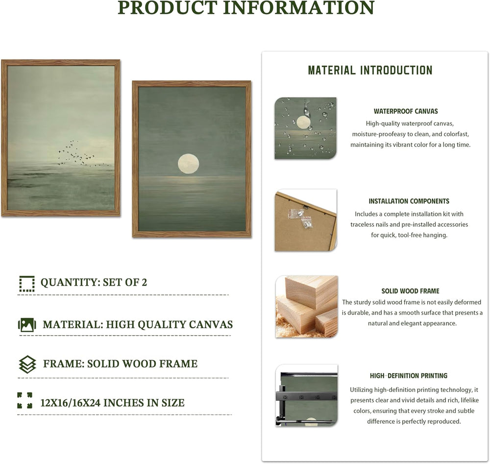 Framed Japanese Zen Wall Art Set of 2, Minimalist Sage Green Flying Duck Canv...