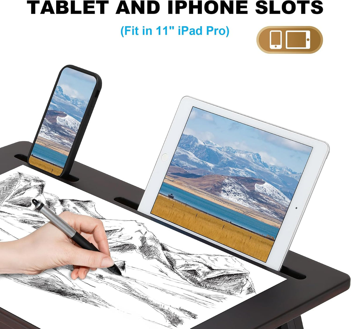 Nnewvante Drawing Table, Foldable Drafting Desk, Adjustable Height & Angle | Tablet and Phone Slots, Bamboo Drawing Board Easel, For Painting, Drafting, Writing, Reading