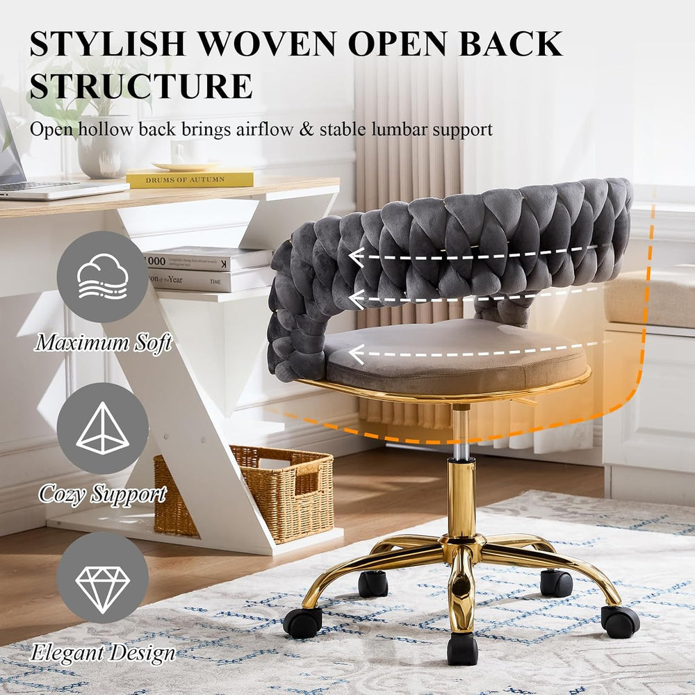 NIOIIKIT Woven Home Office Chair, Velvet Swivel Desk Vanity Chair, Grey