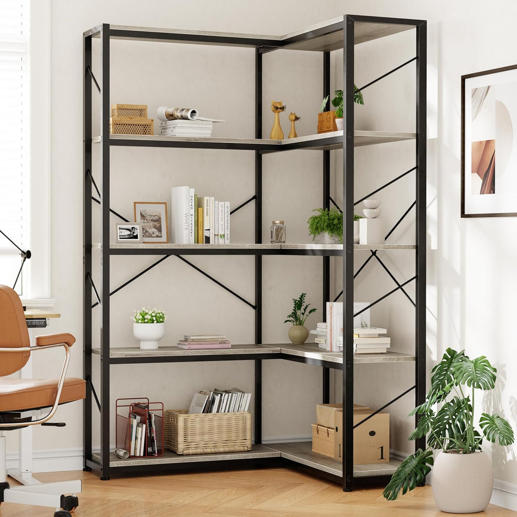 Shintenchi 5 Tier Corner Bookshelf, L Shaped Large Bookcase, Grey