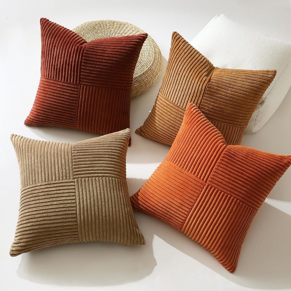OTOSTAR Set of 4 Decorative Throw Pillow Covers Soft Striped Corduroy Boho Sq...