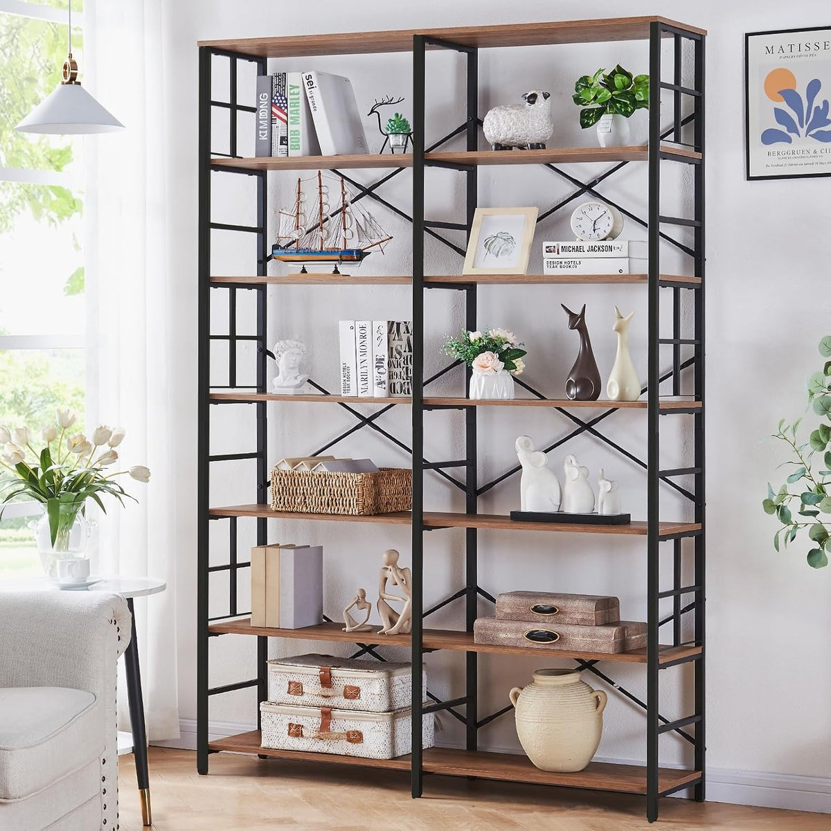 HOMISSUE Bookshelf, Industrial Double Wide 7-Tier Bookshelves, 84" Tall Bookcase with Open Shelves, Heavy Duty Bookcases with Storage for Living Room Home Office, Rustic Brown