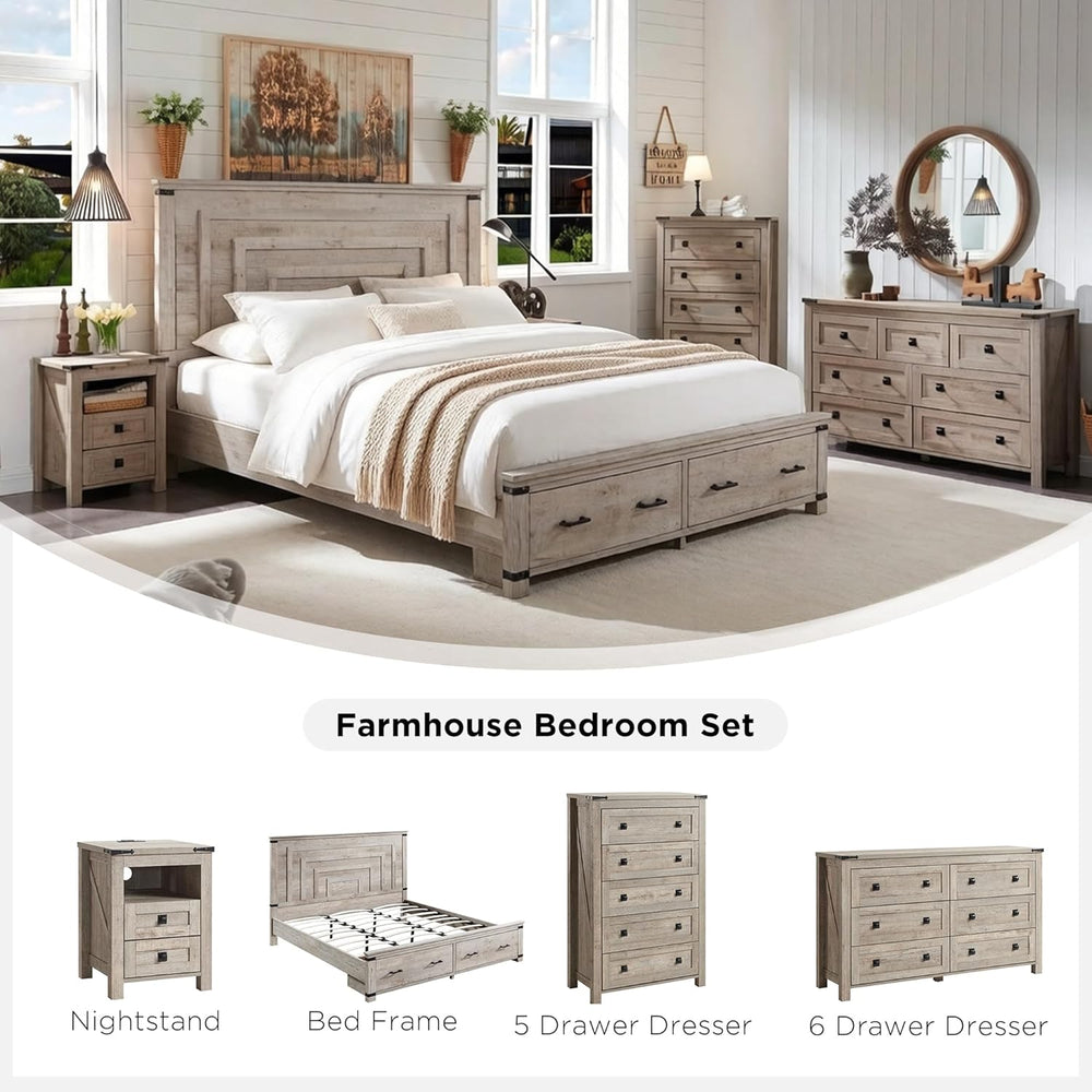 T4TREAM 54" Tall Farmhouse Queen Size Bed Frame, Light Rustic Oak