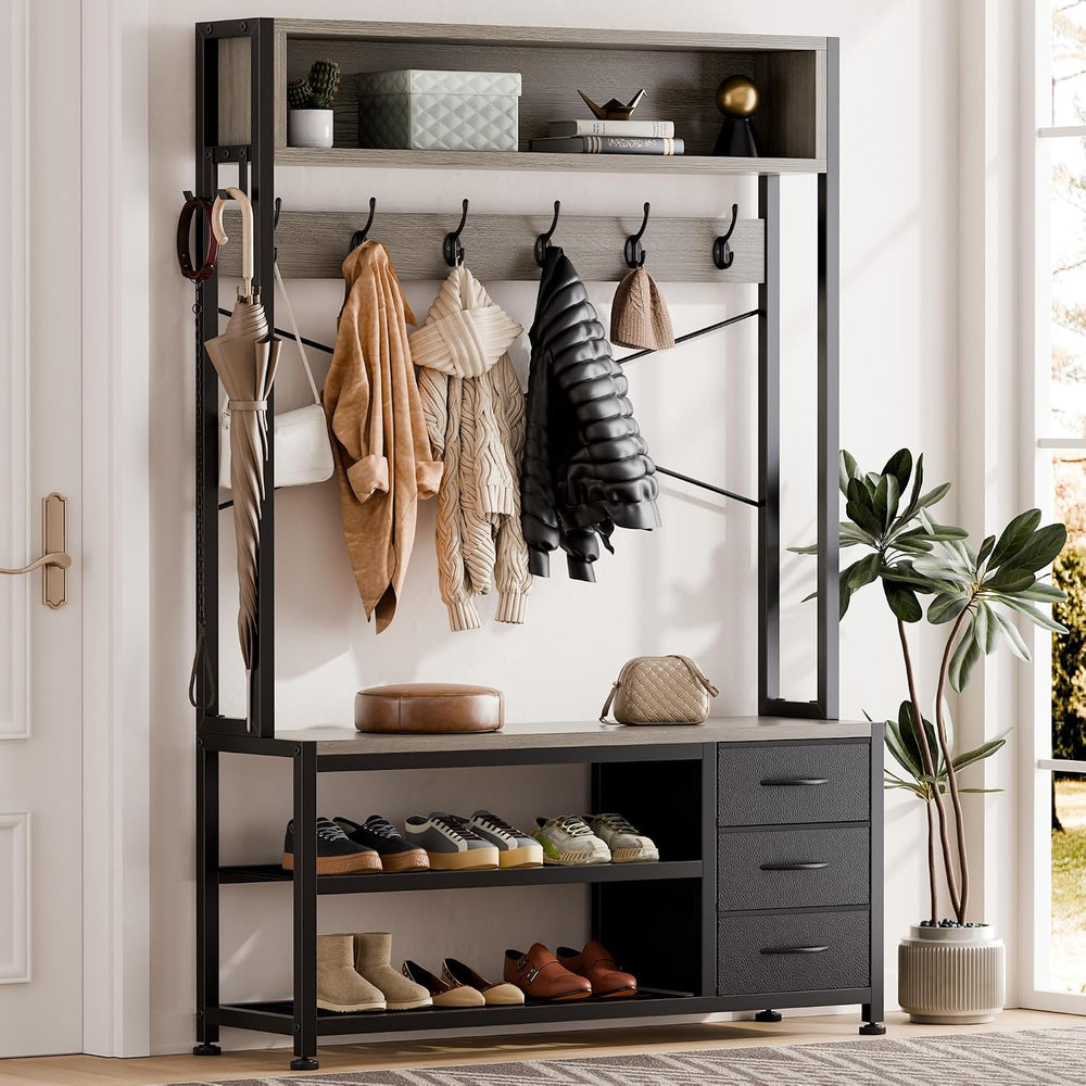 Hall Tree with Bench and Hooks, 39.4" Shoe and Coat Rack Entryway Organizer