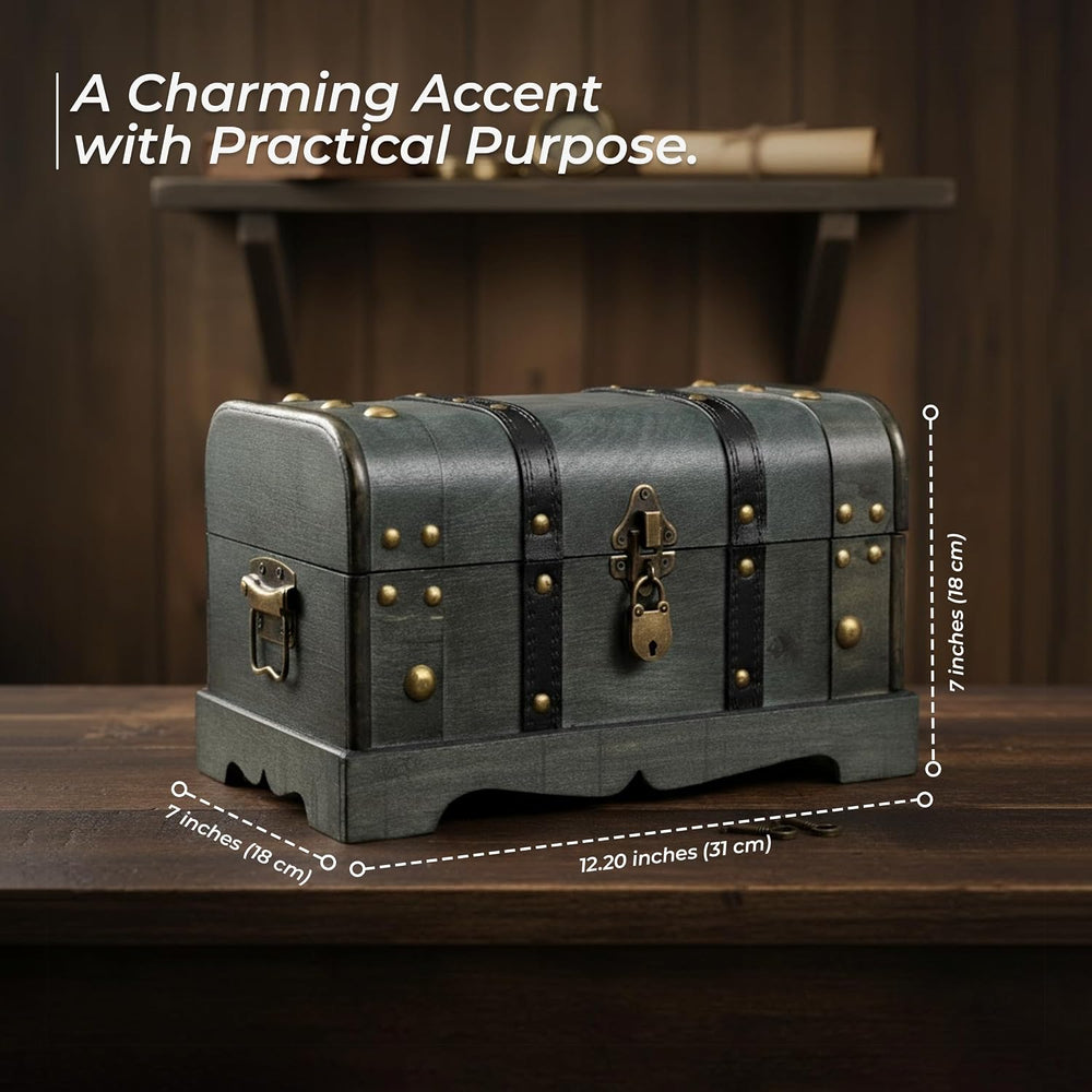 Wooden Treasure Chest Box with Tray, Lockable Keepsake Trunk, 11.8x7x7 in