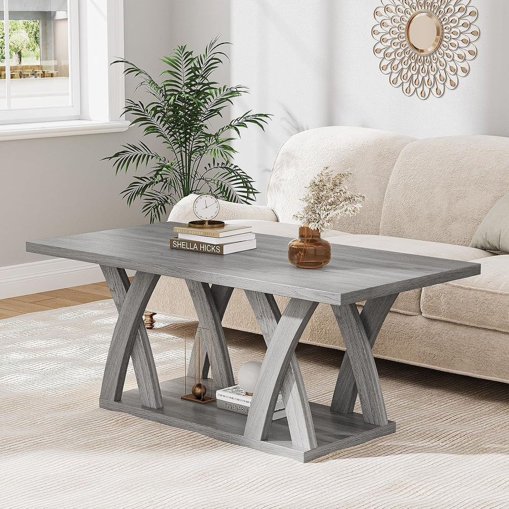 47" Farmhouse Coffee Table with Storage Shelf, Grey