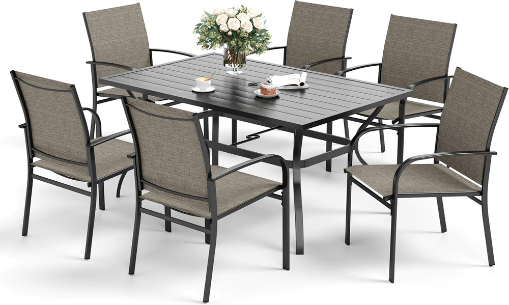 SUNSHINE VALLEY 7pc Patio Dining Set, 60" Metal Table & 6 Brown Chairs