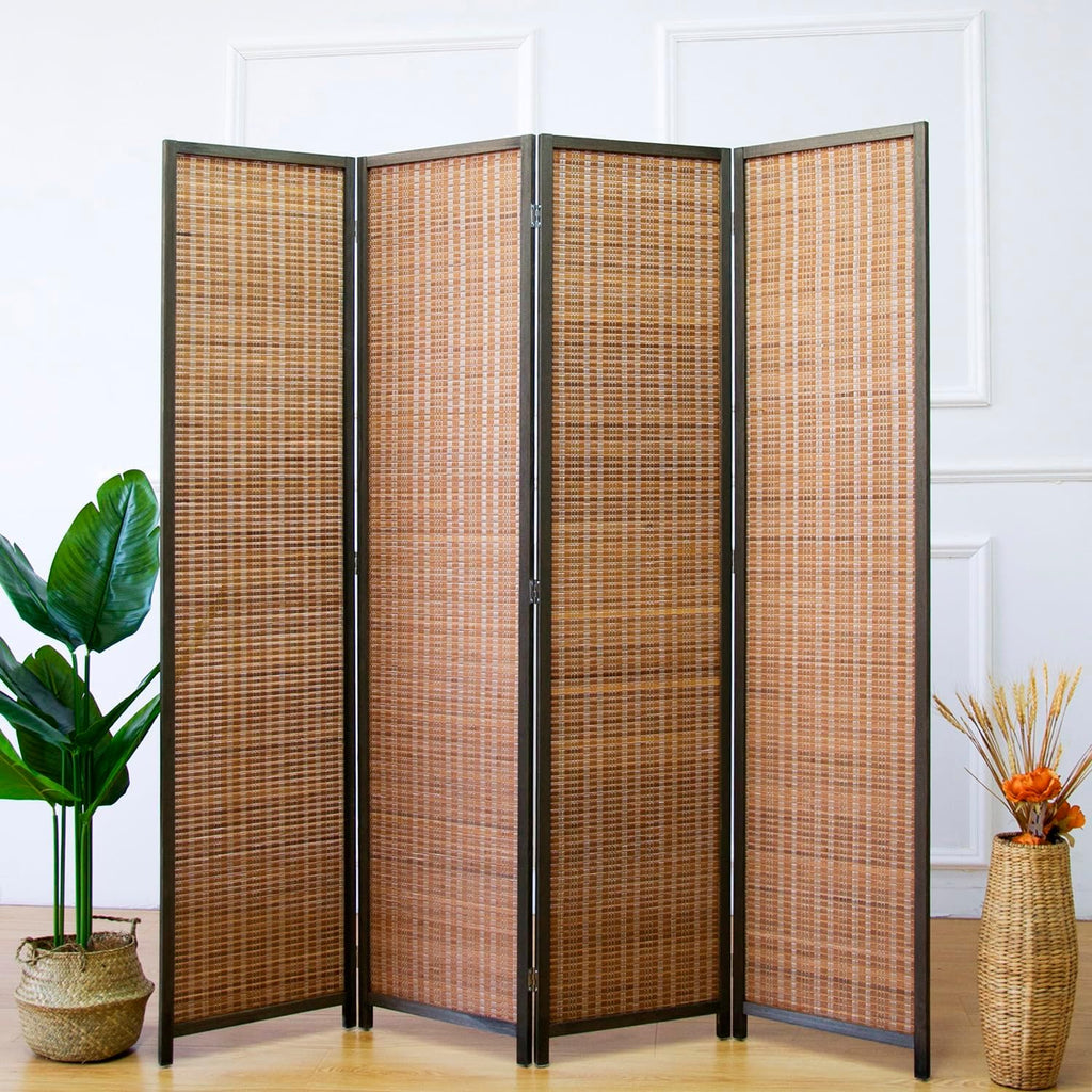 Furnnylane 4 Panel Bamboo Room Divider - 5.6 ft Tall Folding Privacy Screen for Room Separation, Natural Brown Freestanding Partition Wall for Home Office (67" H x 61.4" W)