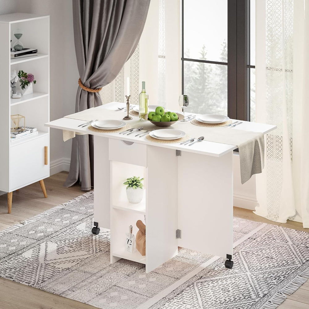 Mondeer Folding Dining Table with Drawer and Shelves, White