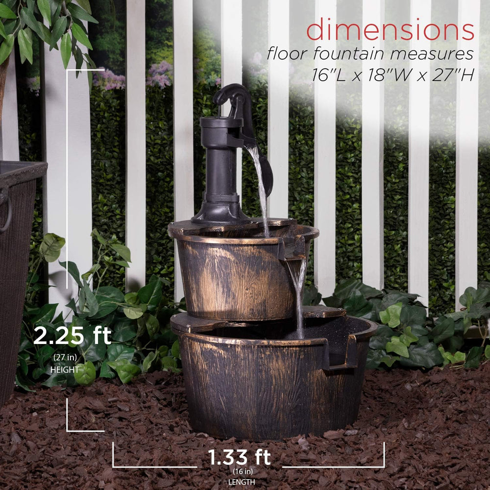 Alpine Corporation 27" Tall Rustic Outdoor 2-Tier Barrel Pump Water Foun...