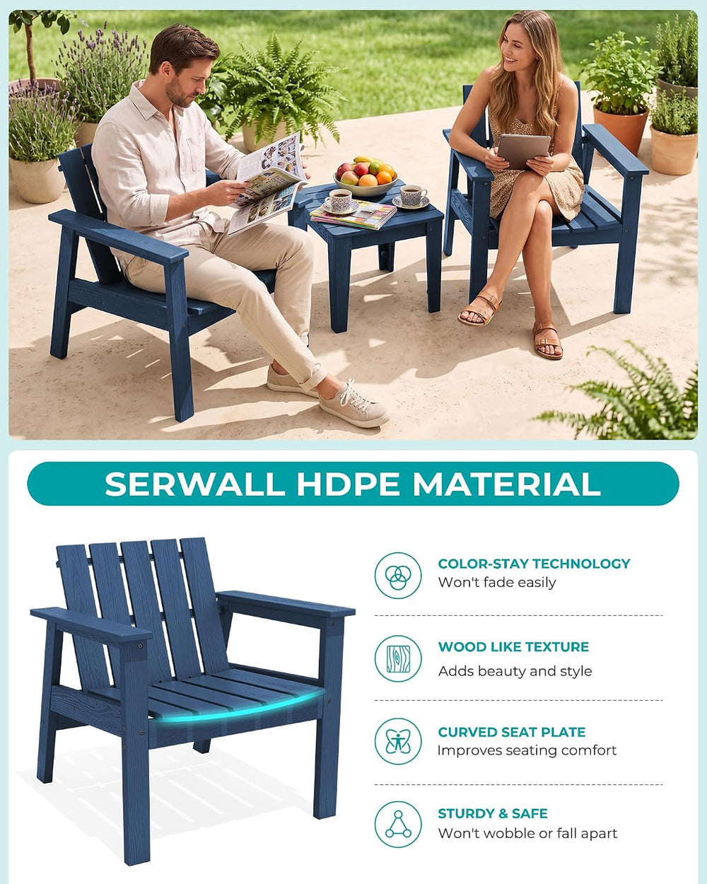 SERWALL Low Back Bistro Set-utdoor Adirondack Chairs and Side Table-Navy