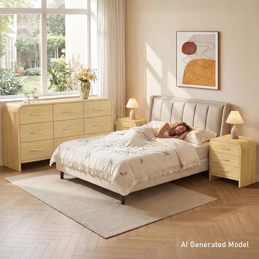 3-Piece Bedroom Set, Curved 9-Drawer Dresser&3-Drawer Nightstands