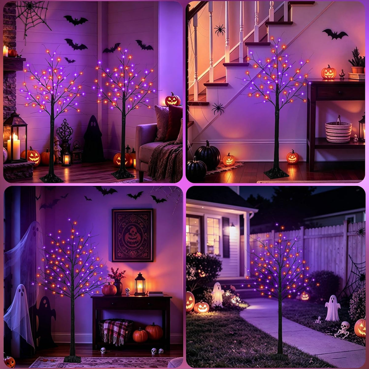 2 Pack 4 FT Lighted Black Halloween Tree Lights with 100 LED Orange Purple