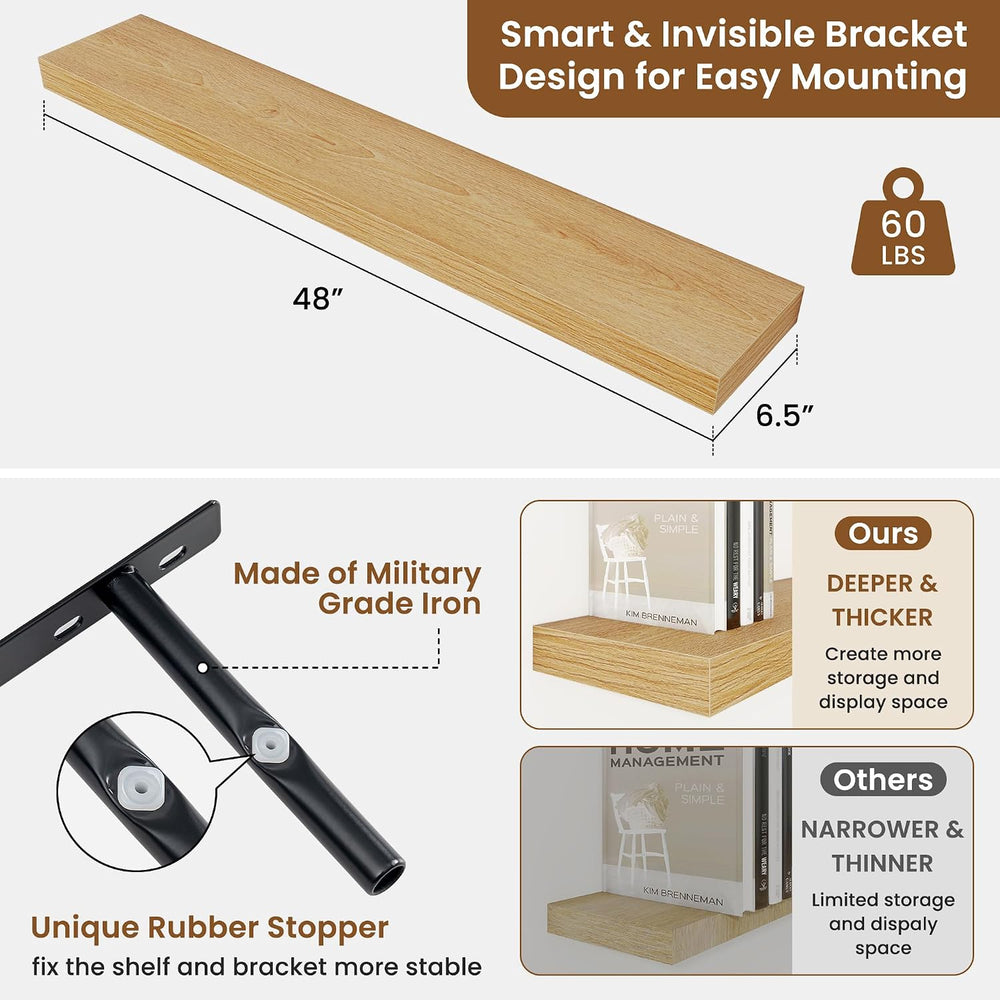 Floating Shelves for Wall, Wall Mounted Wood Shelves, Oak, Set of 2, 48in