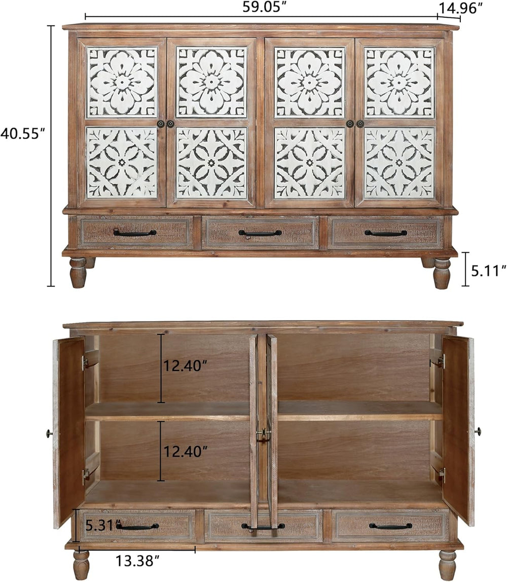LKTART 59" Solid Wood Sideboard Buffet Carved Storage Cabinet with Drawers