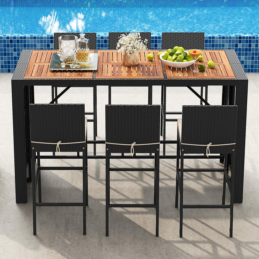 Tangkula 7 Piece Patio Wicker Bar Set, Patiojoy Outdoor Acacia Wood Bar Heigh...