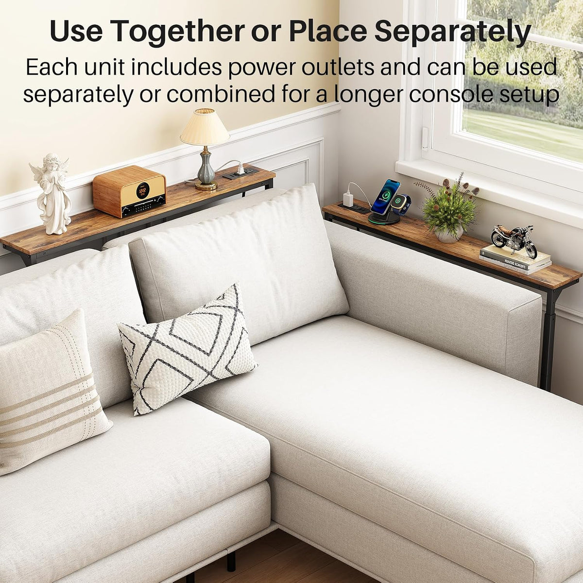 Kitstorack 94.5" Behind Couch Table, Height Adjustable Narrow Console | 24.3"-32.5" range, split for separate walls, 2 outlets, anti-scratch feet, rustic brown, ideal narrow sofa table
