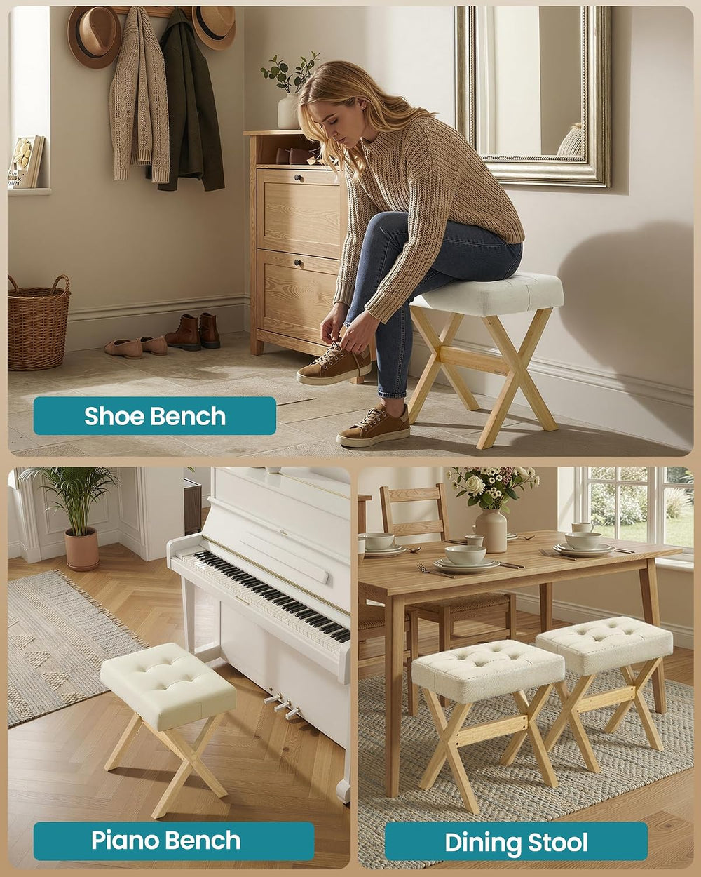 SONGMICS Makeup Stool, Padded Vanity Foot Rest, Solid Wood X Legs