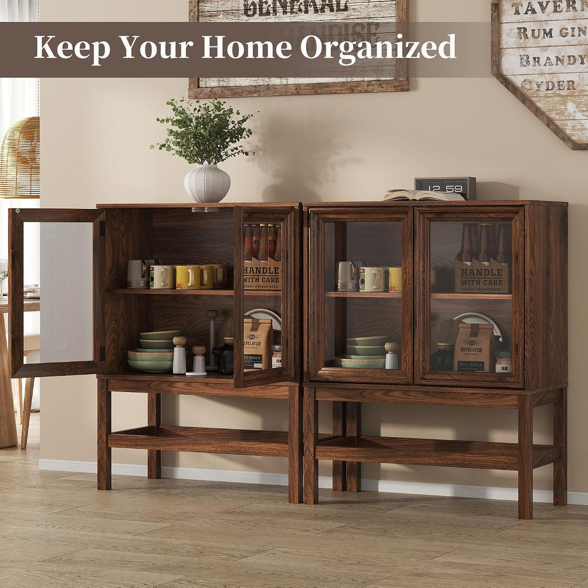 Sideboard Buffet Cabinet with Storage, Small Kitchen Coffee Wine Bar Cabinet with Glass Press-to-Open Doors, Wood Mid Century Modern Side Board Table for Dining Room, Living Room