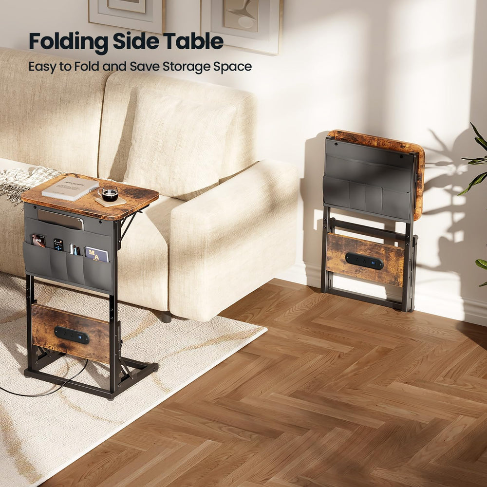 HLDIRECT C Shaped End Table with Charging Station & Storage Bag Brown