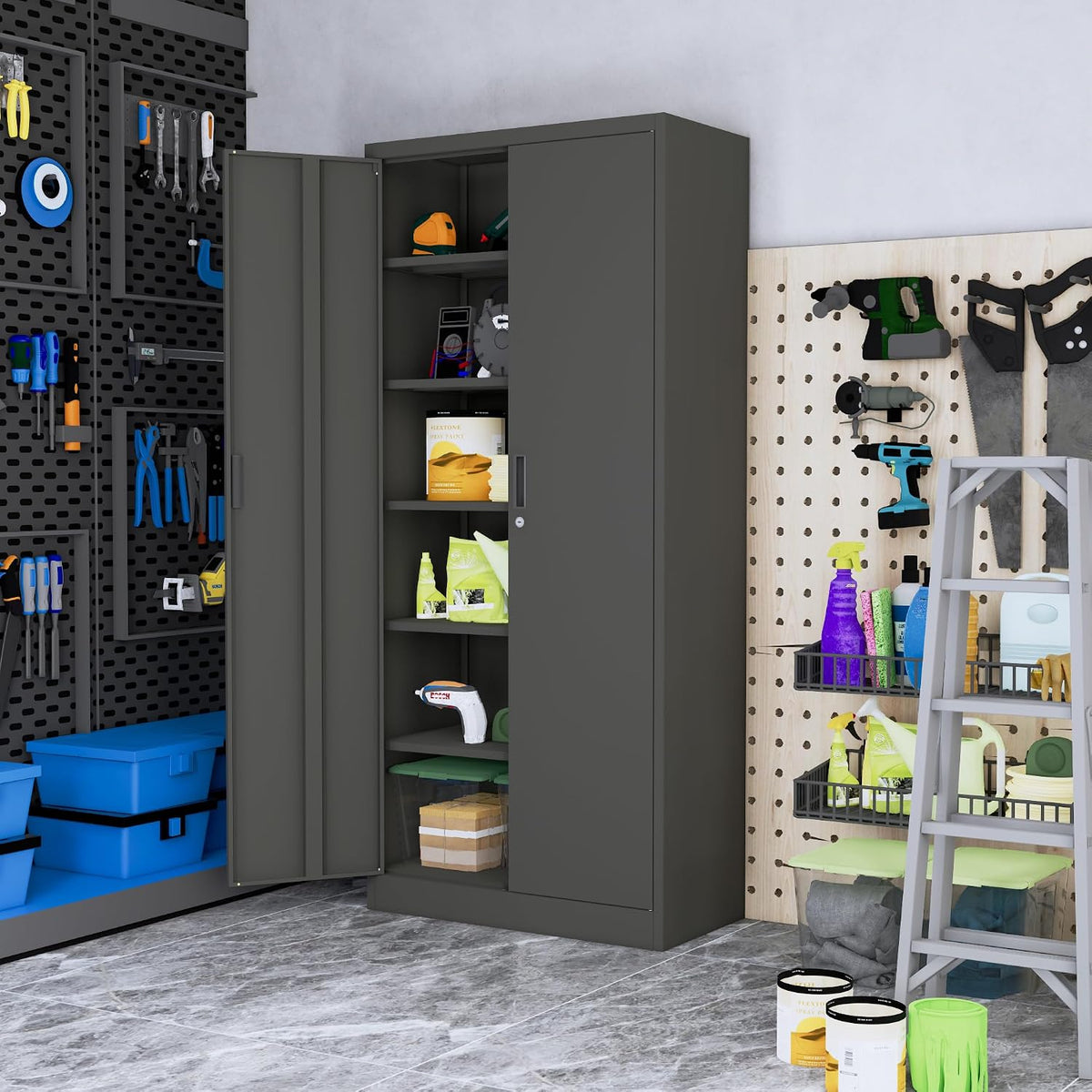 Wanfu Metal Storage Cabinet, 71”H Metal Garage Cabinet with 5 Adjustable Shelves, Locking Storage Cabinets for Garage, Home, Office, Pantry(Black)
