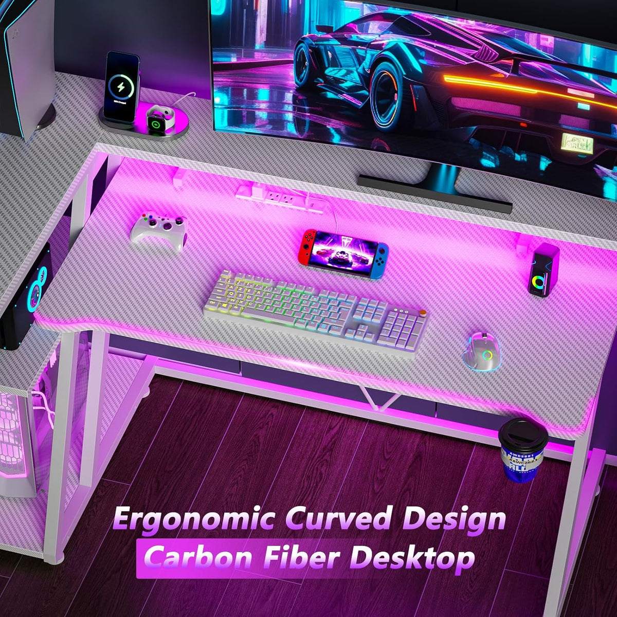 Korfile 47 Inch Gaming Desk with Power Outlet, LED, Carbon Fiber White