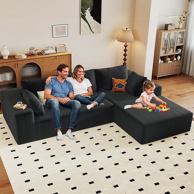 96" Modular Sectional Couch, L Shaped Cloud Sofa with Chaise Lounge, Corduroy Upholstered Couches Memory Foam Deep Seat, No Assembly Required, Ideal for Living Room(Black, Right Facing)