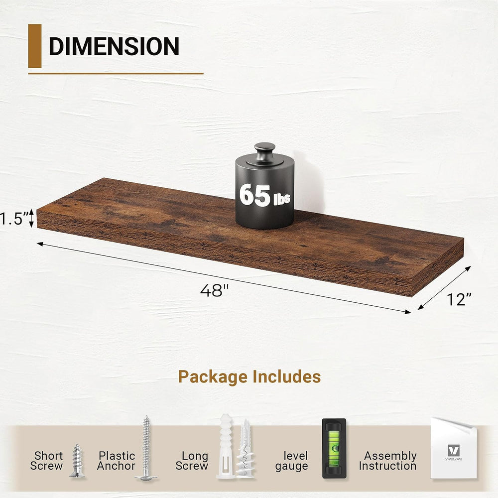 Vivelove Deep Floating Shelves, 48 X 12 Inch, Rustic Brown, 2
