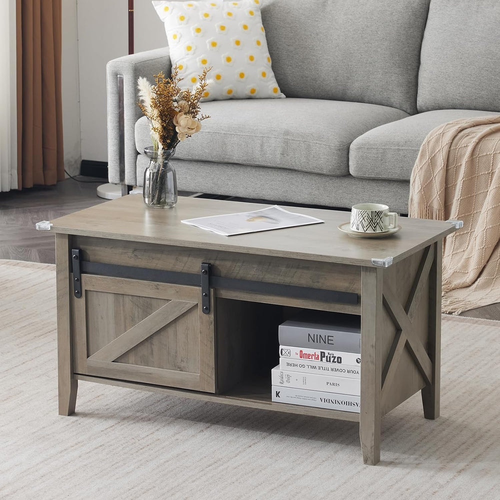 VINGLI 36" Farmhouse Lift Top Coffee Table with Hidden Storage, Open Shelf