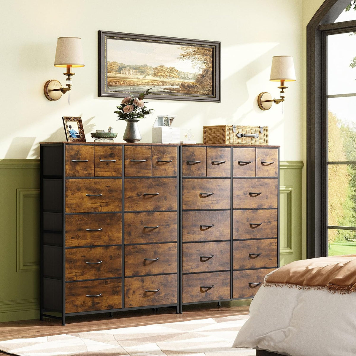 WLIVE 12 Drawer Tall Fabric Dresser Bedroom Storage Chest, Rustic Brown