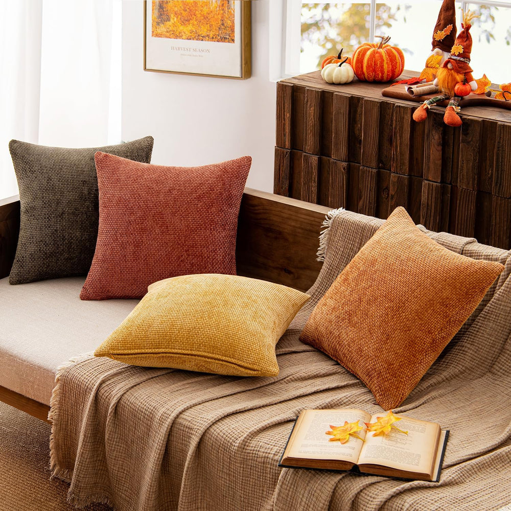 MIULEE Decorative Chenille Fall Pillow Covers Orange Brown 18x18 Pack of 4