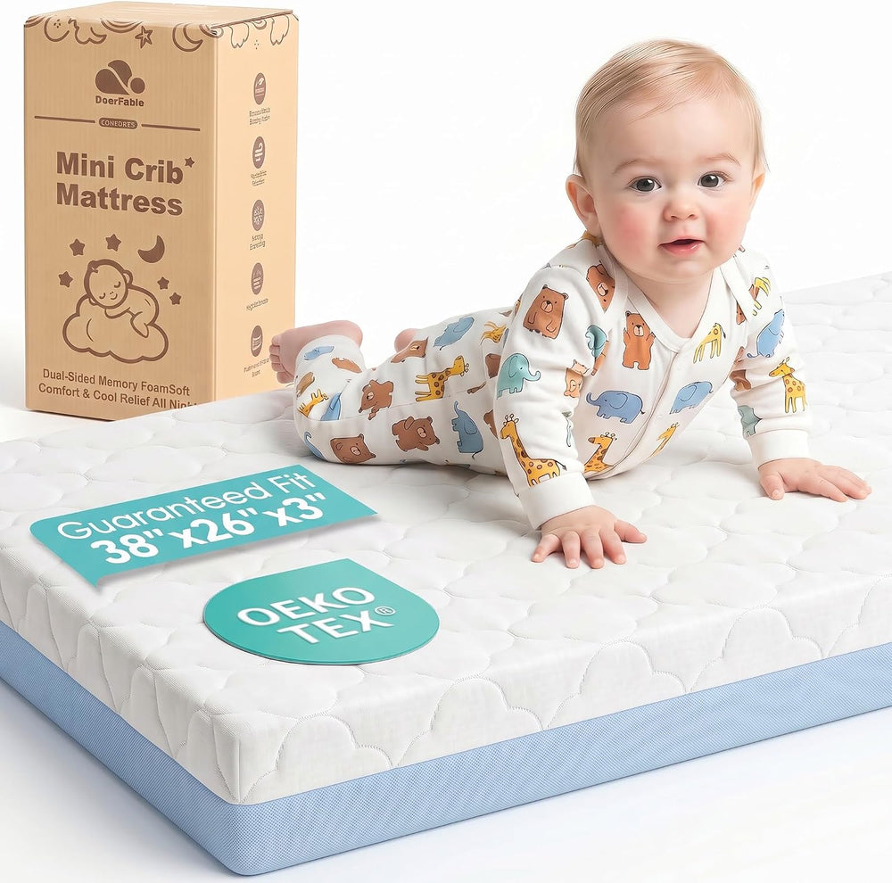 Pack and Play Mattress, Dual Sided Memory Foam 38x26x3 Inch, Blue