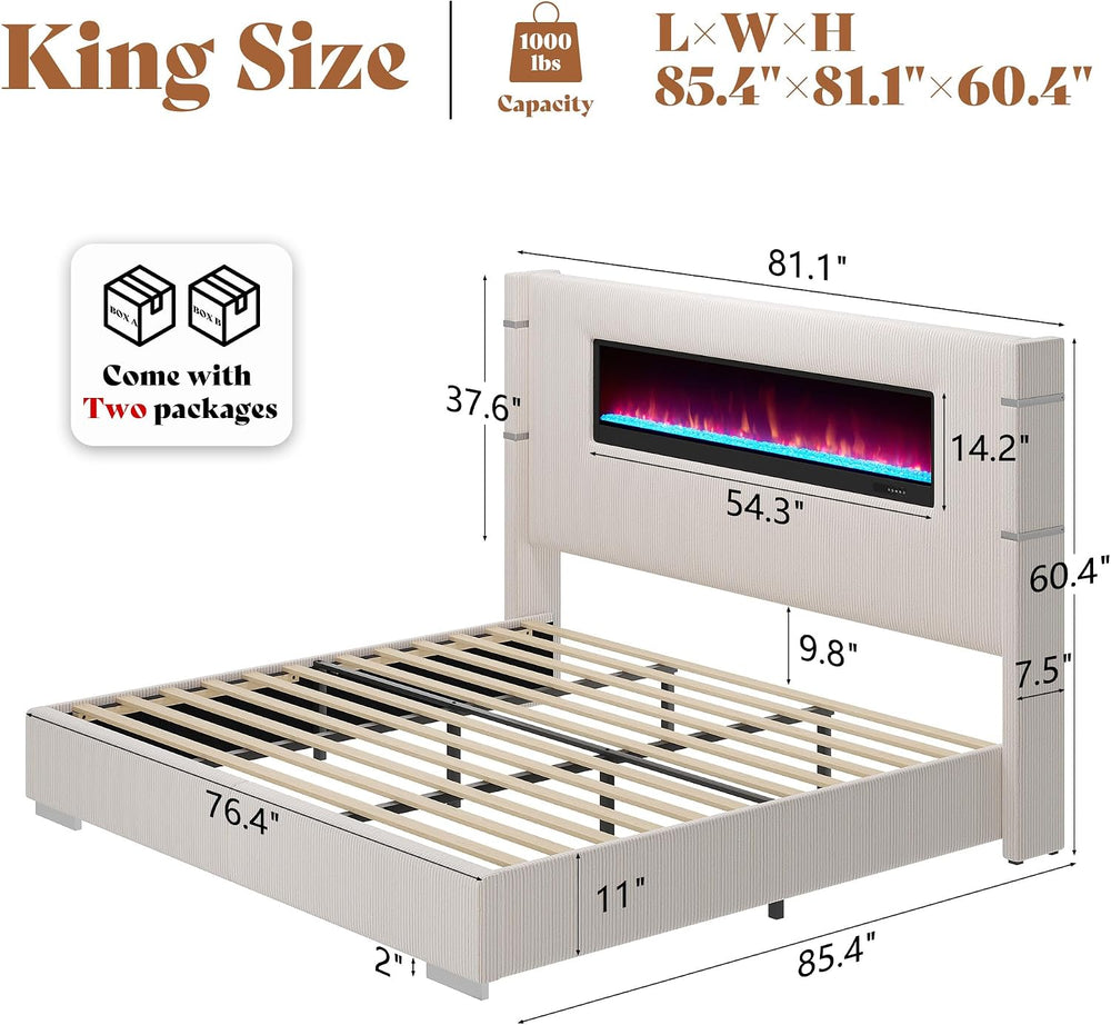 AMERLIFE King Bed Frame with Fireplace, Upholstered Headboard, Cream