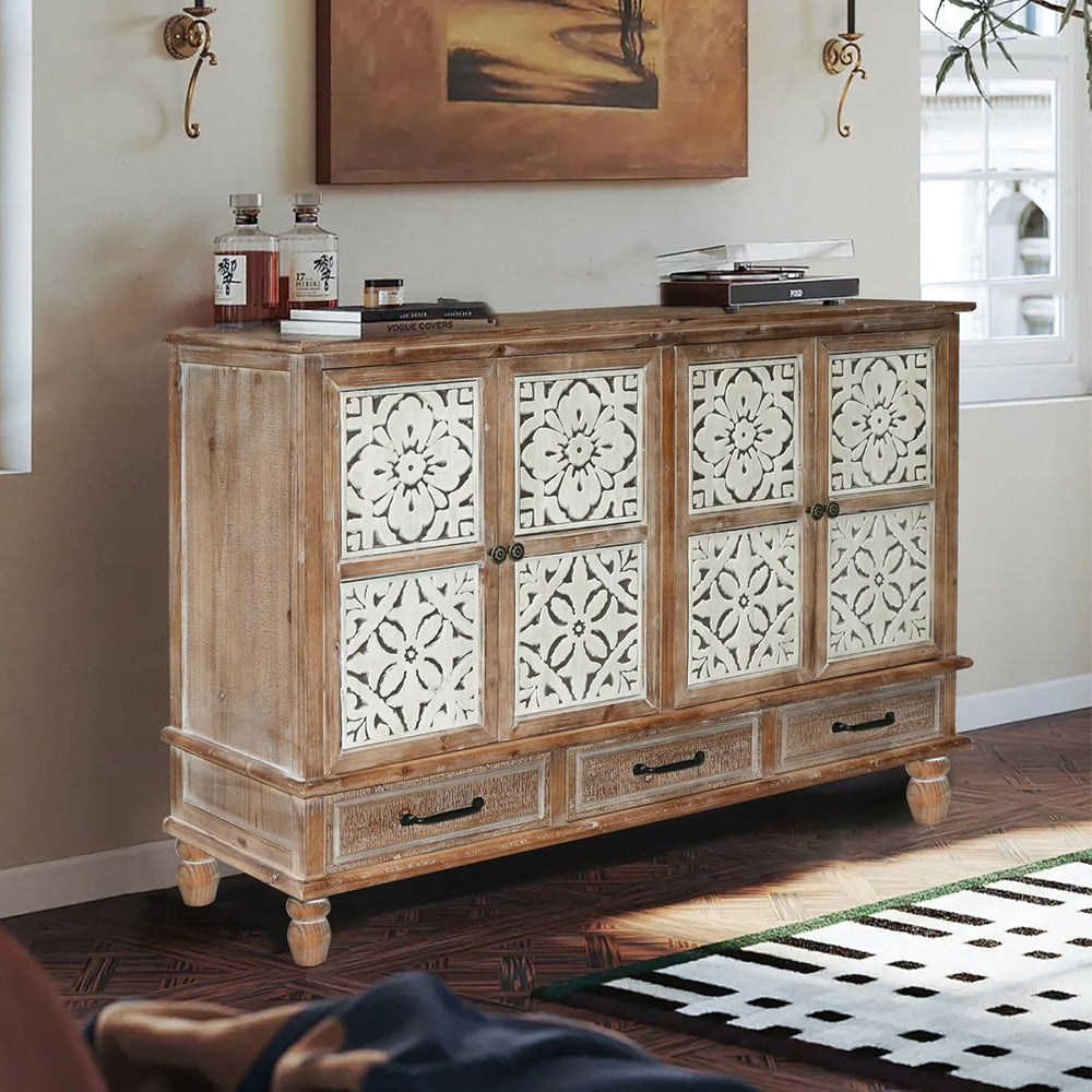 LKTART 59" Solid Wood Sideboard Buffet Carved Storage Cabinet with Drawers