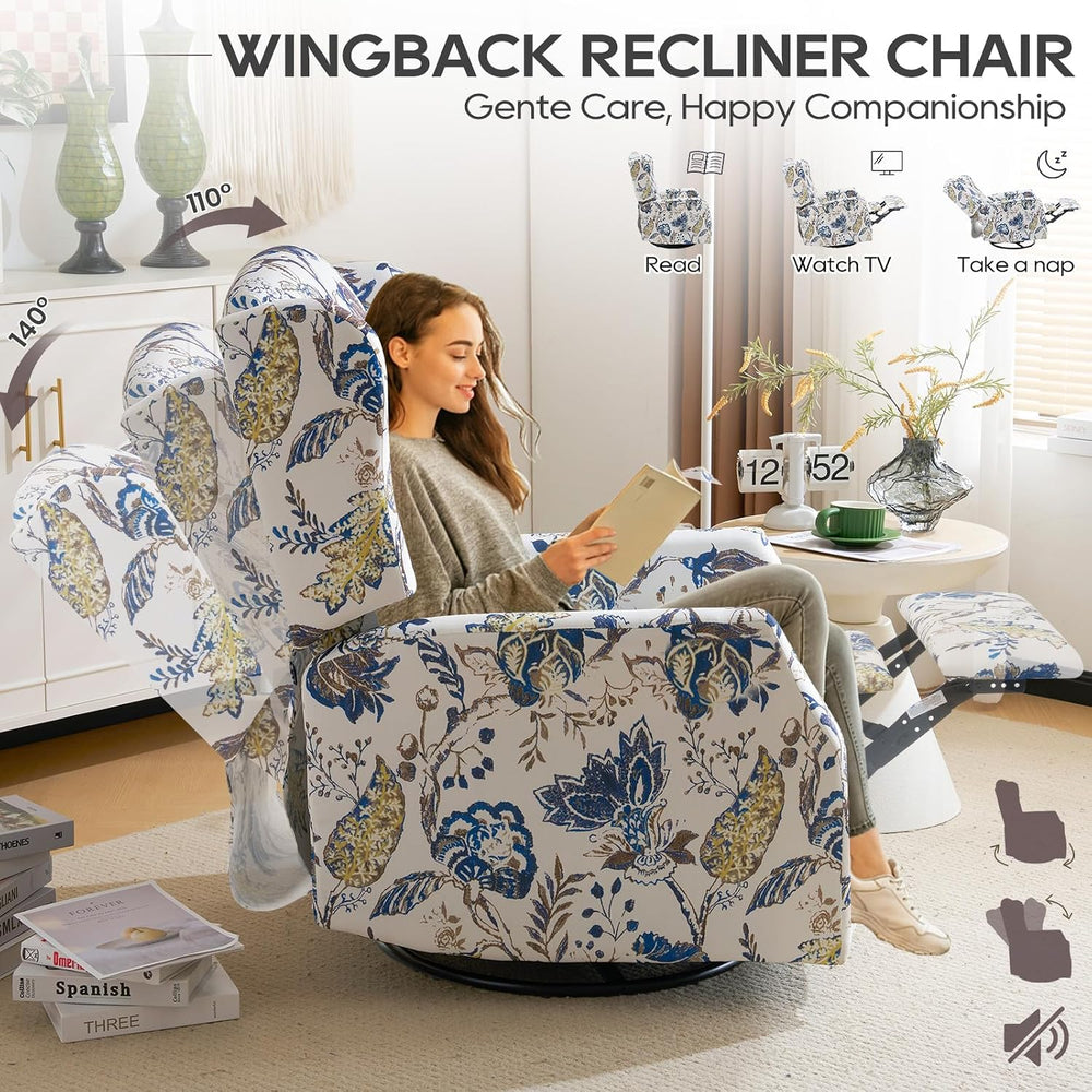 Floral Accent Swivel Rocker Recliner, Wingback Recliner Chair with Padded Sea...