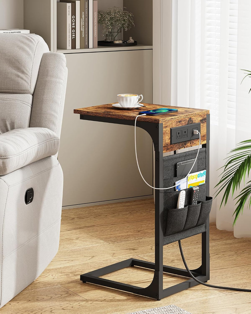 TUTOTAK C Shaped End Table with Charging Station, Side Table for Sofa