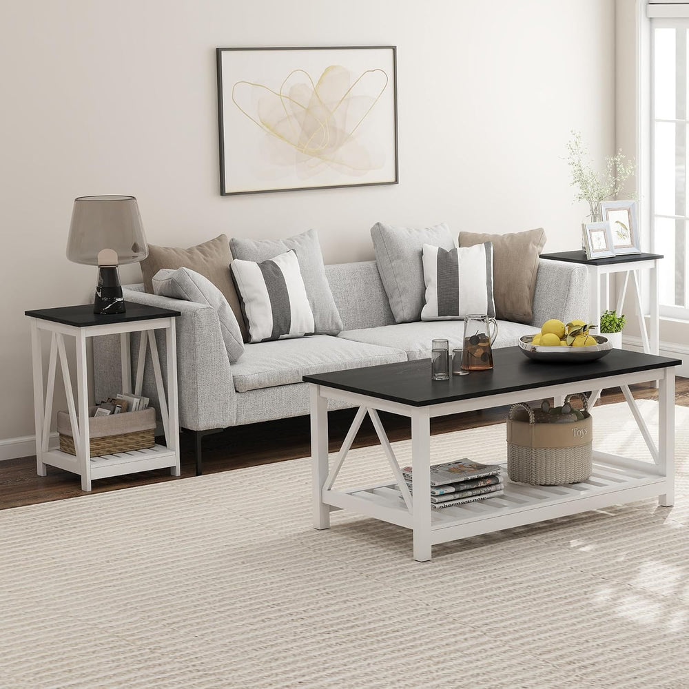 End Table, Farmhouse Square Side Table with Slat Shelf, 15.7" Black Top