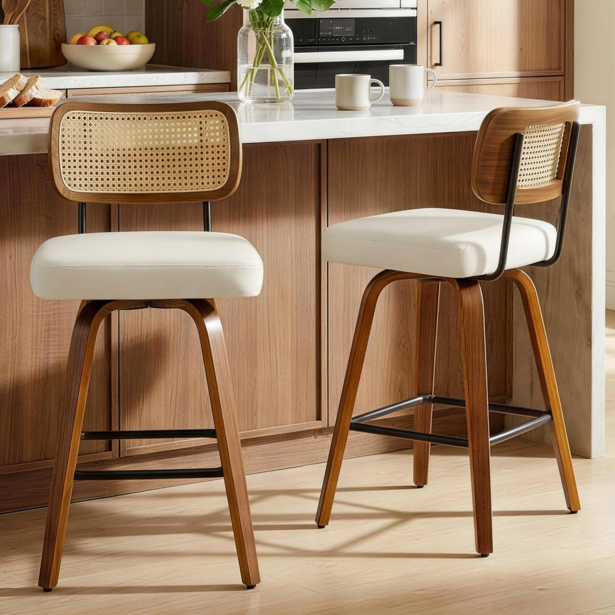 Swivel Bar Stools Set of 2, 26" Counter Height with Rattan Back, Ivory