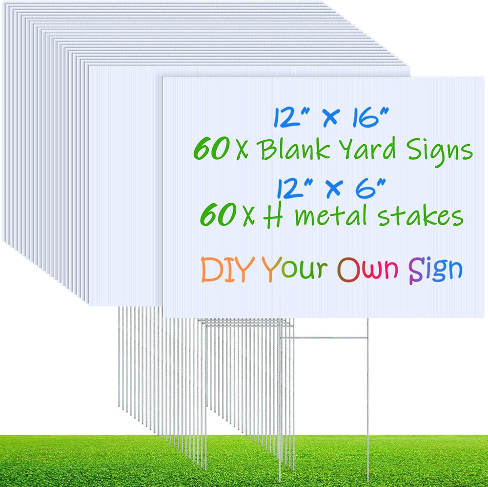 Kigley 60 Pack Blank Yard Signs with Stakes Plastic Lawn Sign, White
