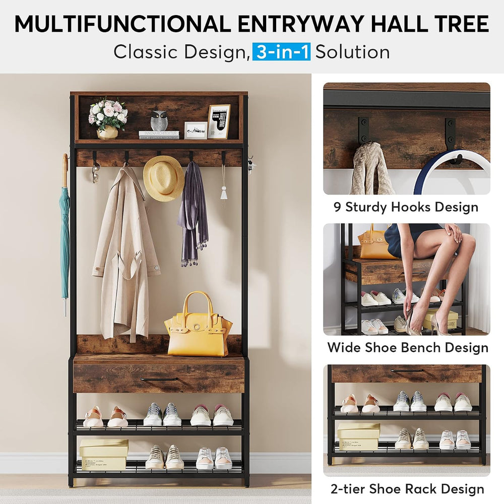 Tribesigns 3-in-1 Entryway Hall Tree with Shoe Bench and Hutch, Brown