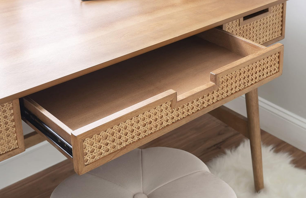 Dutton Natural Wood and Rattan Desk by Linon