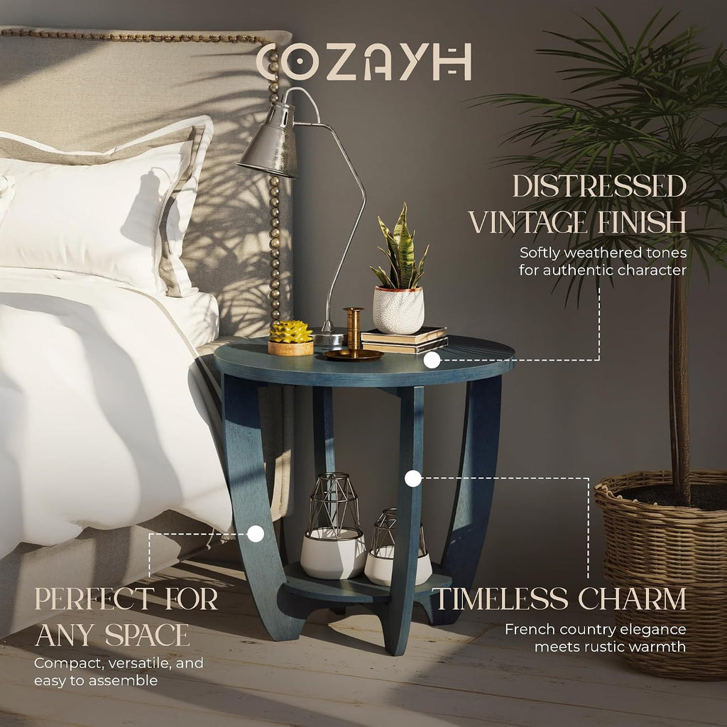 COZAYH End Table - Rustic Farmhouse Round Accent - Storage Shelf Blue