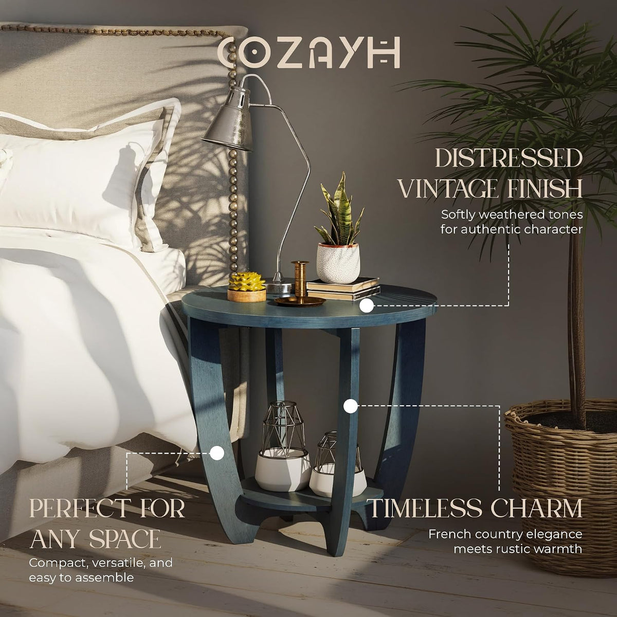 COZAYH End Table - Rustic Farmhouse Round Accent - Storage Shelf Blue