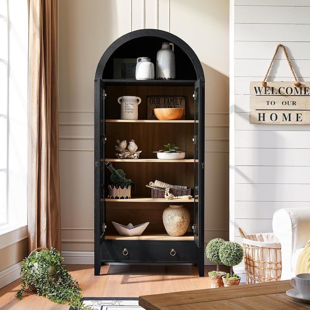 RowyPoey 71" Tall Arched Cabinet Bookshelf with Glass Door & Storage Drawer