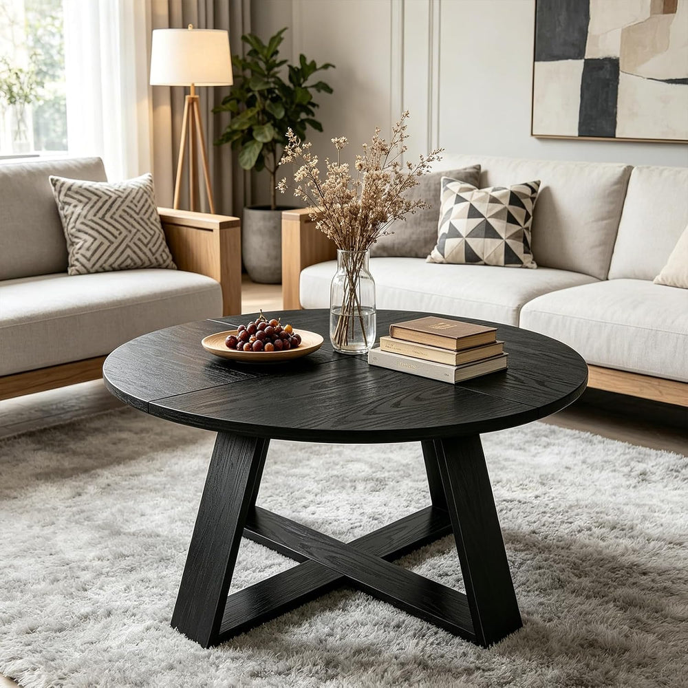 HAIOOU Round Coffee Table for Living Room with Open Storage Black Wooden