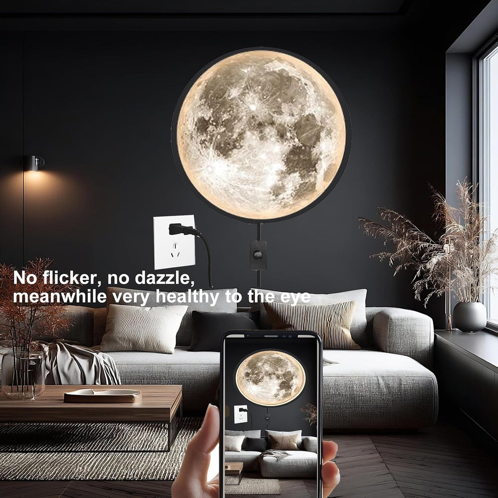 Dimmable Moon Wall Sconce Plug in Modern LED Wall Light, Black, 12"