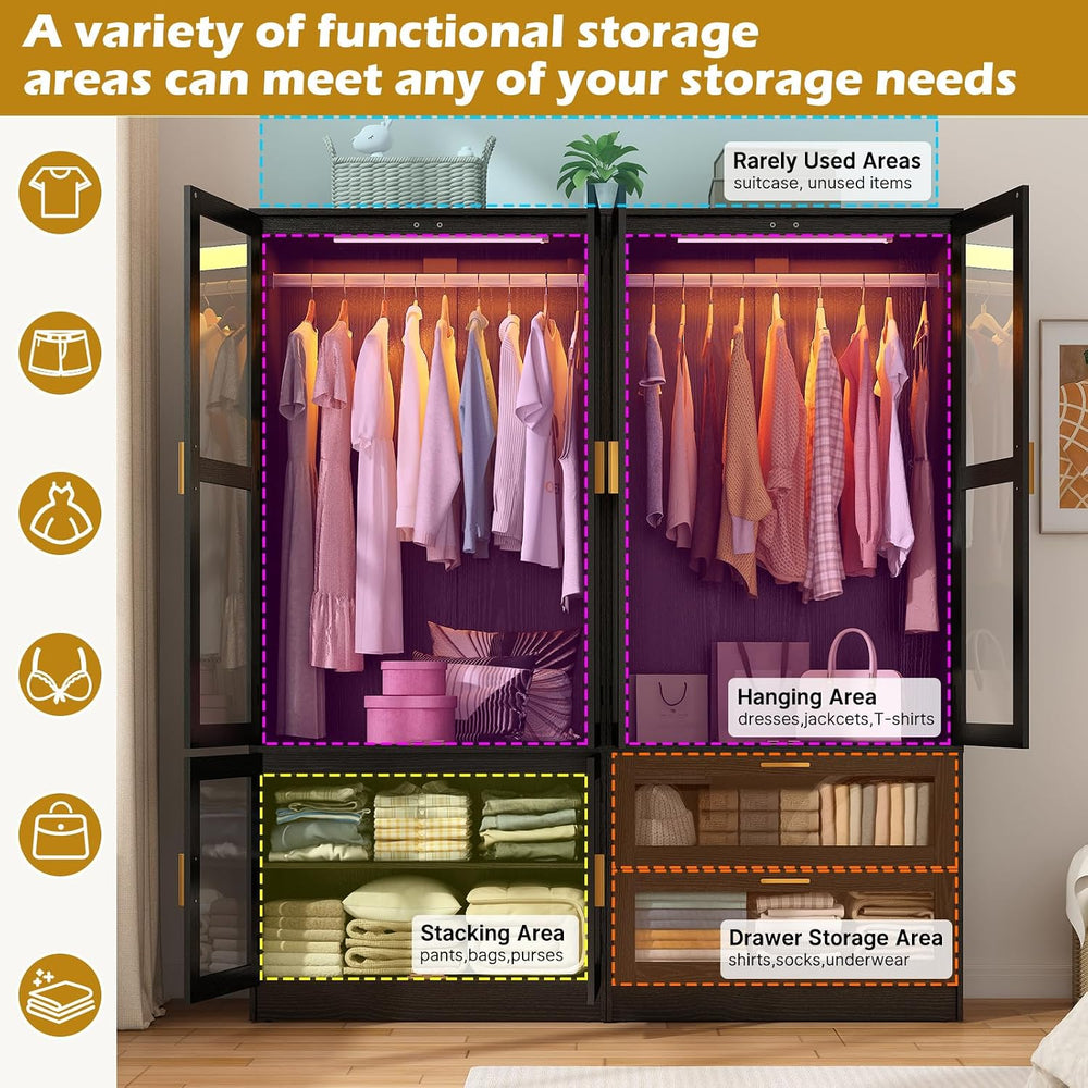 4 Doors Armoire Wardrobe Closet with LED and Mirror,71" H Freestanding W...